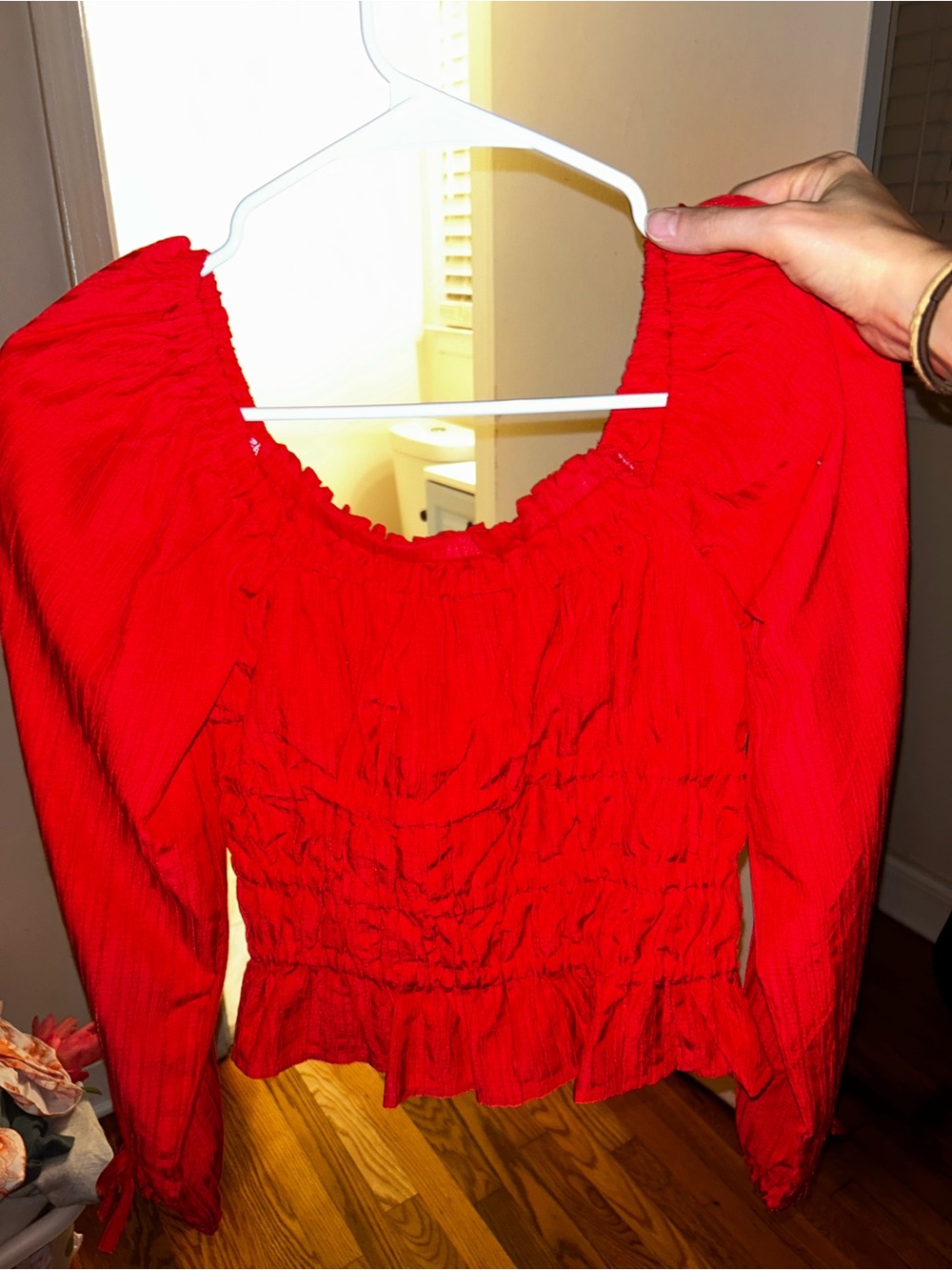 Red Smocked Puff-Sleeve Women’s Top